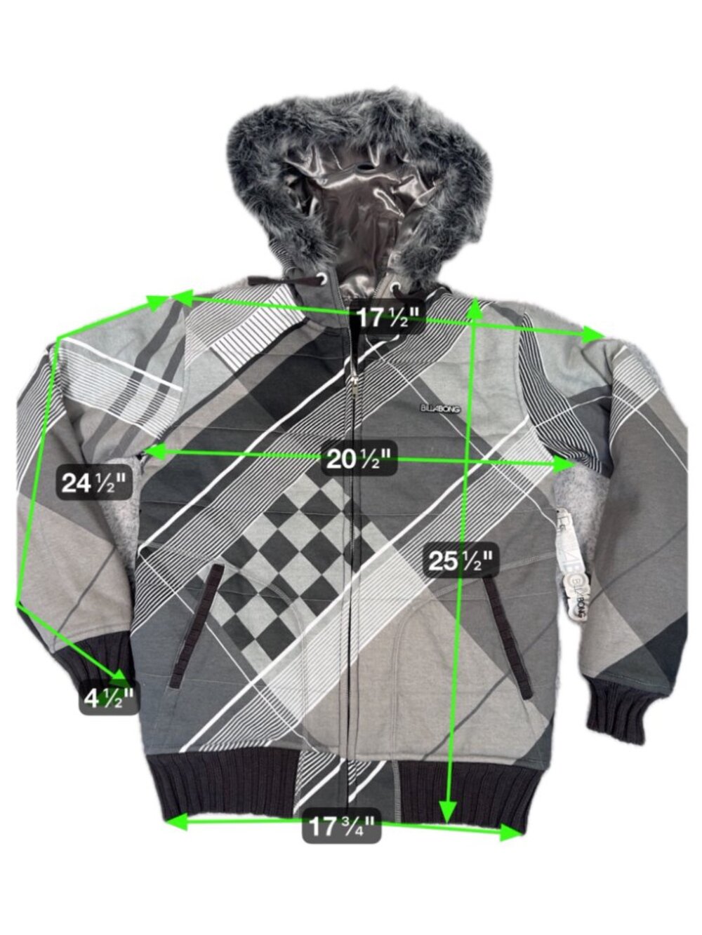 Billabong Hooded Jacket Faux Fur Trim Gray/Black Geometric Pattern Womens S - Picture 2 of 16